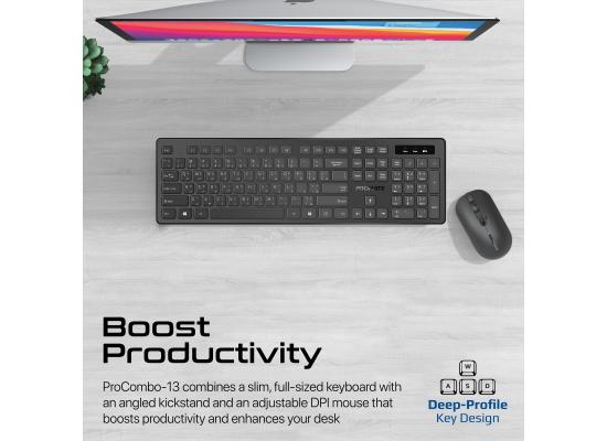 Promate ProCombo-13 Wireless Keyboard and Mouse Combo with Adjustable 1600 DPI, Slim Profile Quiet Keys with Arabic Characters